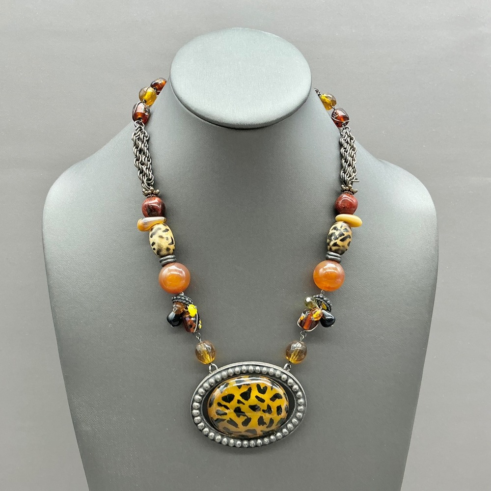 Chico's Necklace Women Multicolor Animal Print Beaded Statement Oval Pendant